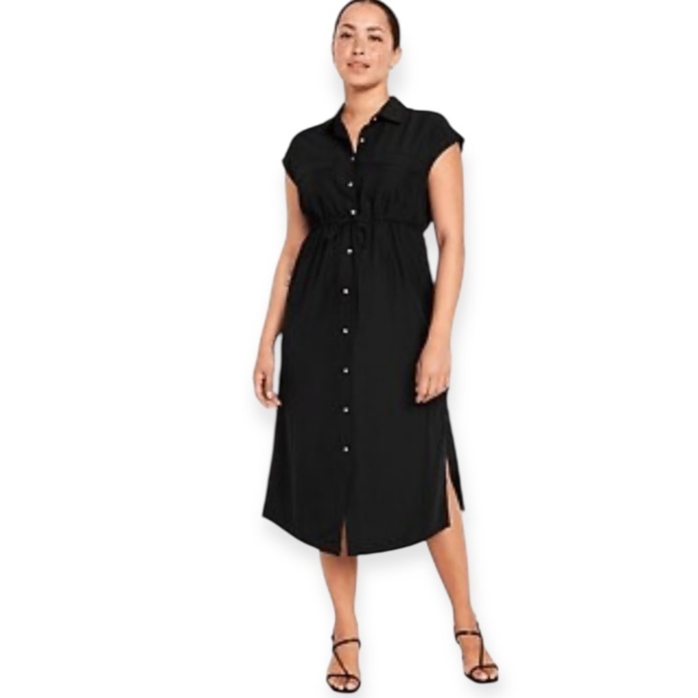 NWT Old Navy Sleevesless Utility Black Midi Dress with Buttons and Side sSlit - Picture 1 of 12